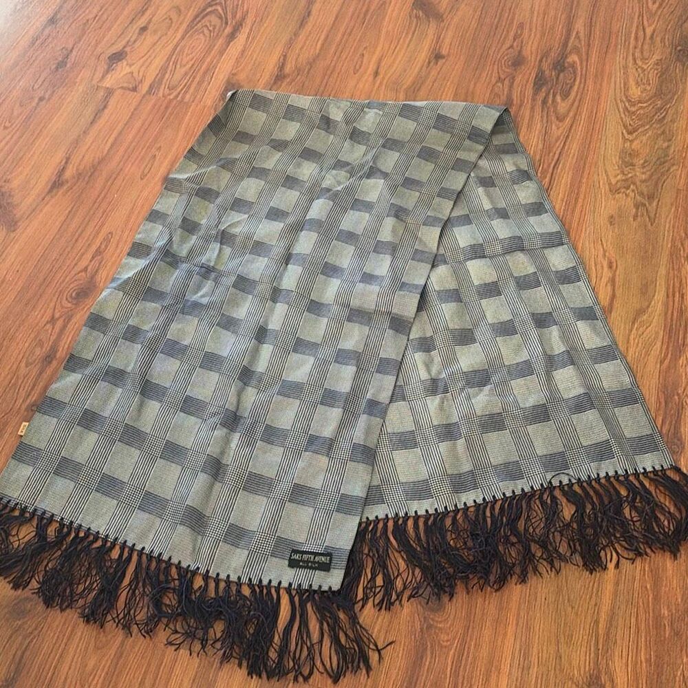 Saks Fifth Avenue 100% silk scarf black bees, checkered pattern with fringe